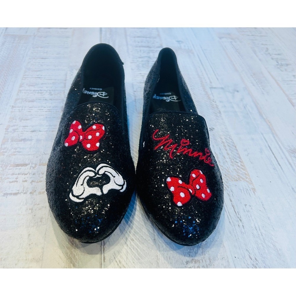 Disney Minnie Mouse Black Glitter Loafers Shoes Women's Sparkle Bow Heart